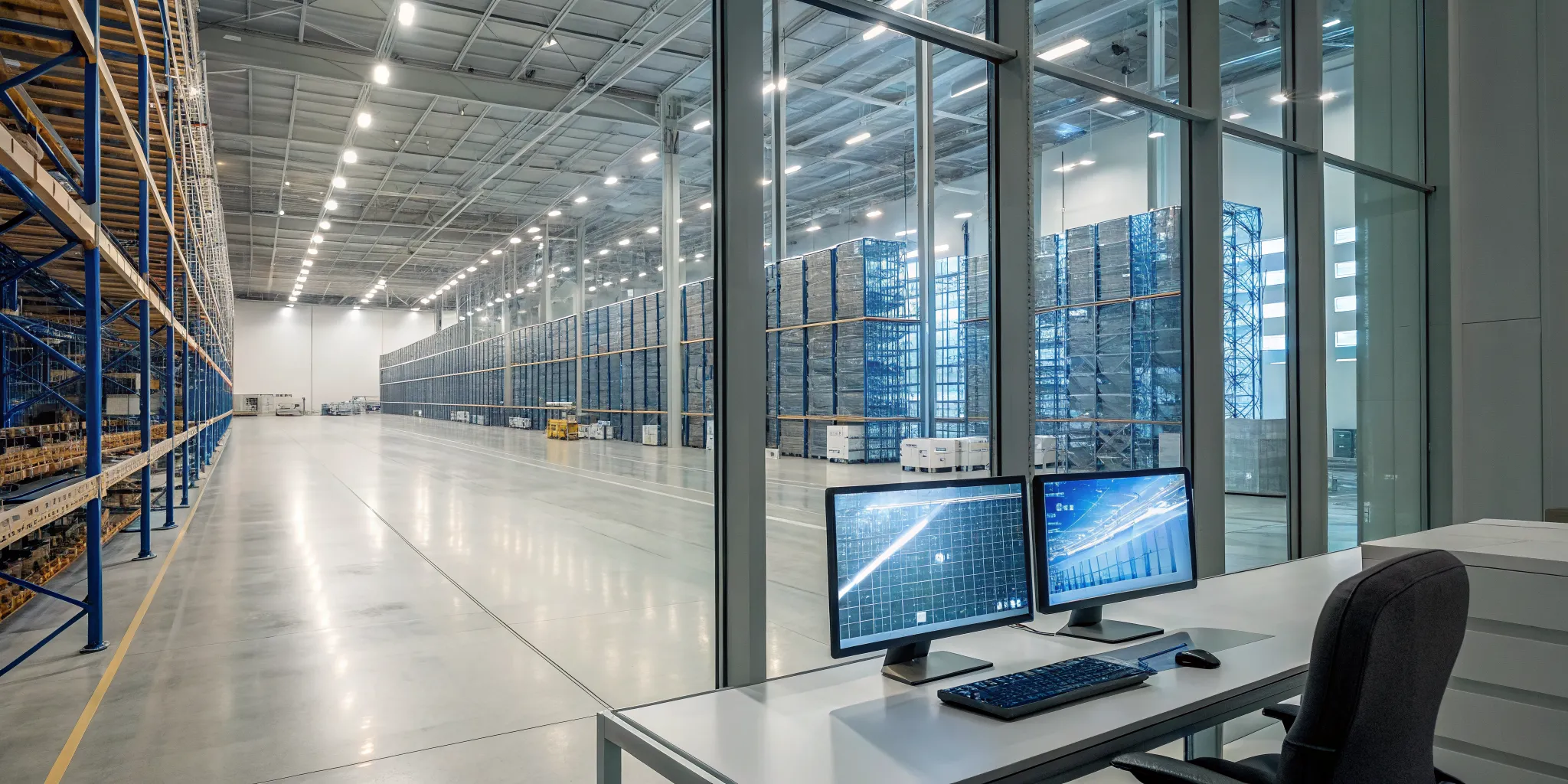 wms-erp-integration-what-it-is--why-you-need-it-161131 - RxERP - RxERP A warehouse using WMS ERP integration on computer screens to manage inventory on tall storage racks.