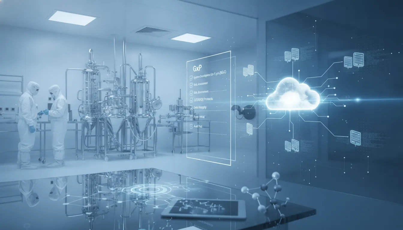 featured-image - RxERP - RxERP Two scientists in cleanroom suits operate stainless lab equipment as a holographic cloud data visualization appears to the right.