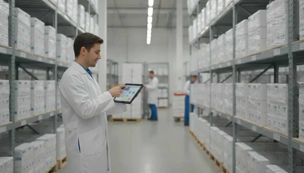 Pharmacy distribution professional scanning inventory on warehouse shelves