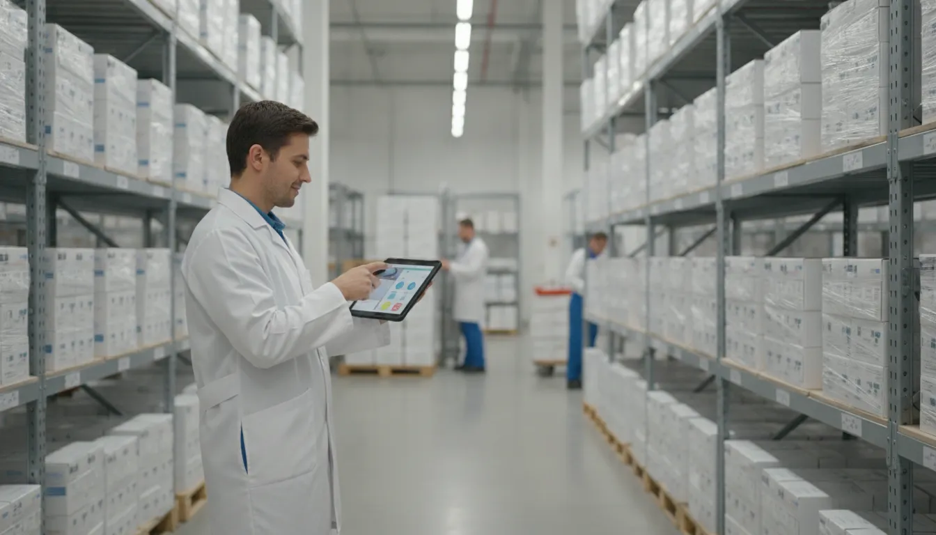 pharmacy-inventory-optimization-erp-reducing-stockouts-and-write-offs-379865 - RxERP - RxERP Pharmacy distribution professional scanning inventory on warehouse shelves