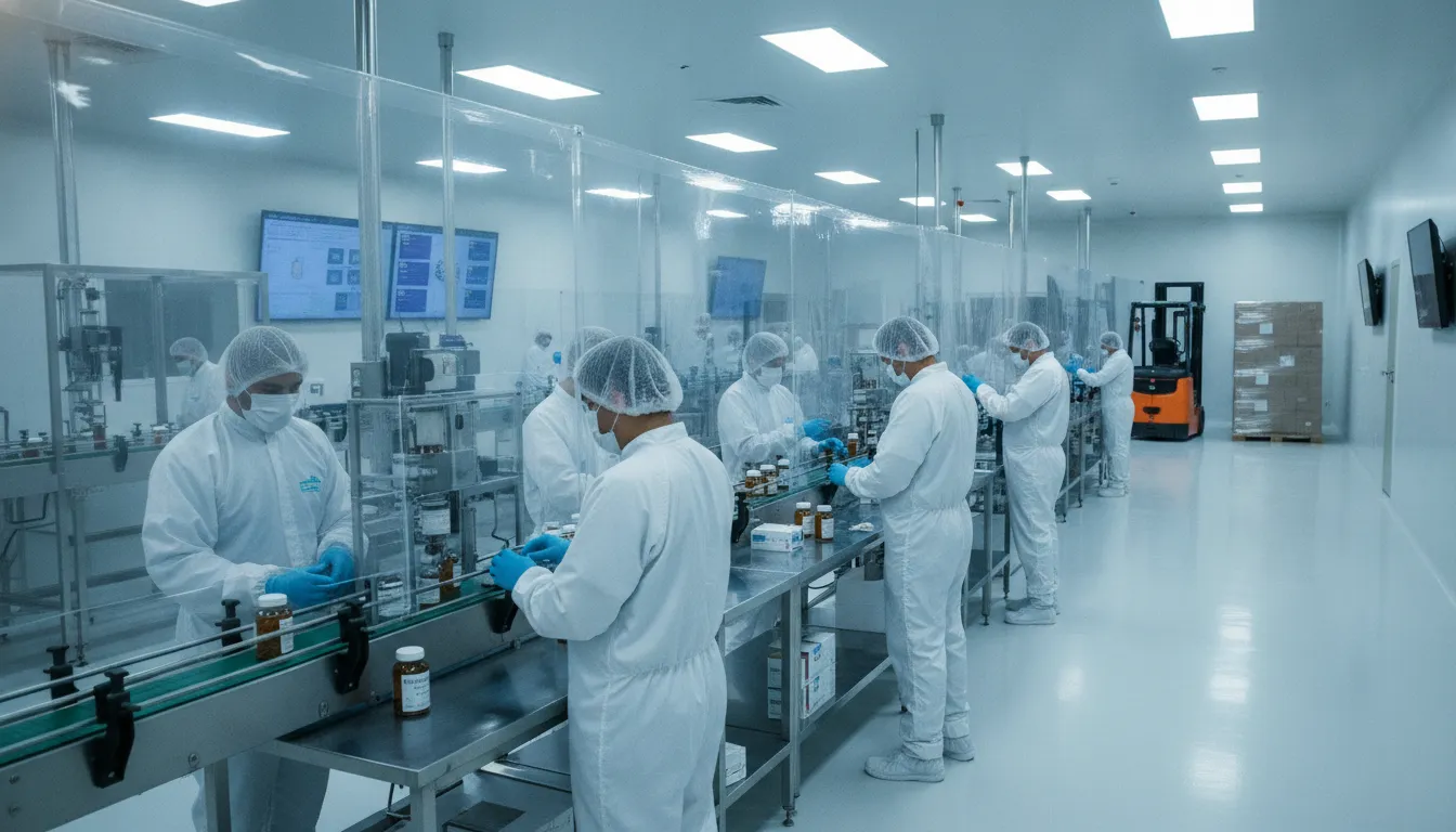 what-do-pharmaceutical-repackagers-do-a-complete-guide-164618 - RxERP - RxERP Pharmaceutical repackaging facility with workers handling medication bottles in a clean FDA-regulated environment