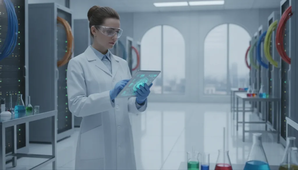 Pharmaceutical professional reviewing compliance documentation in a modern lab environment