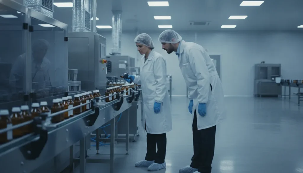 Pharmaceutical compliance managers in a clean warehouse reviewing serialized prescription products with a barcode scanner