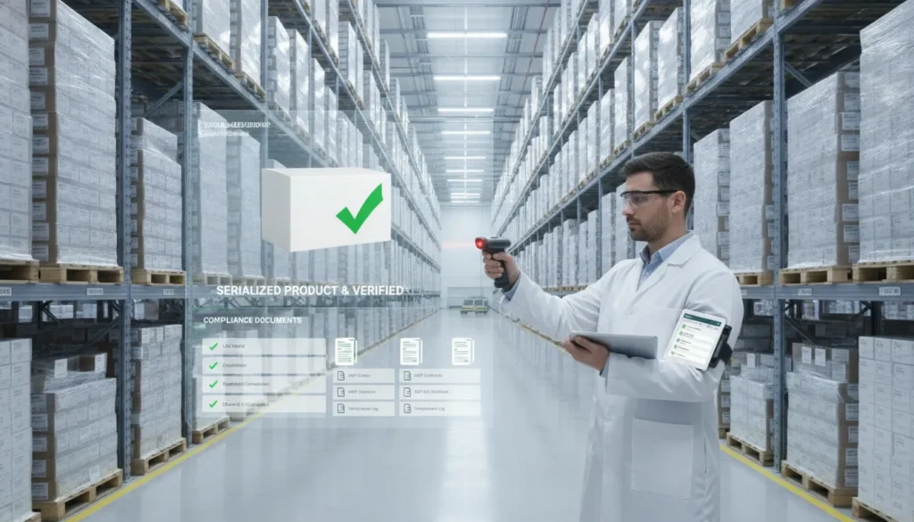 Pharmaceutical supply chain warehouse with compliance checklist and barcode scanning