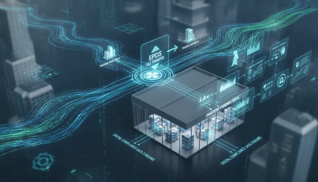 Pharmaceutical supply chain digital data exchange visualization showing EPCIS file transfer between trading partners