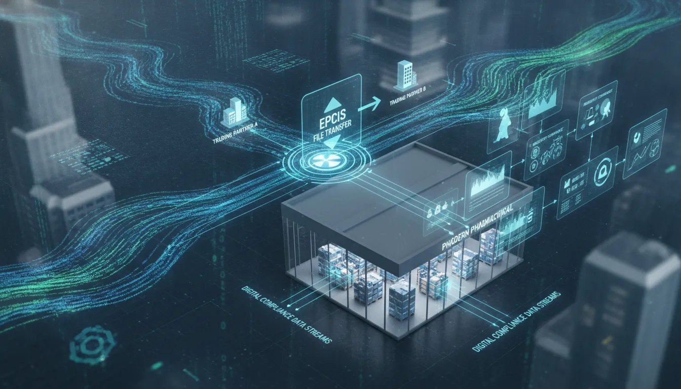 Pharmaceutical supply chain digital data exchange visualization showing EPCIS file transfer between trading partners