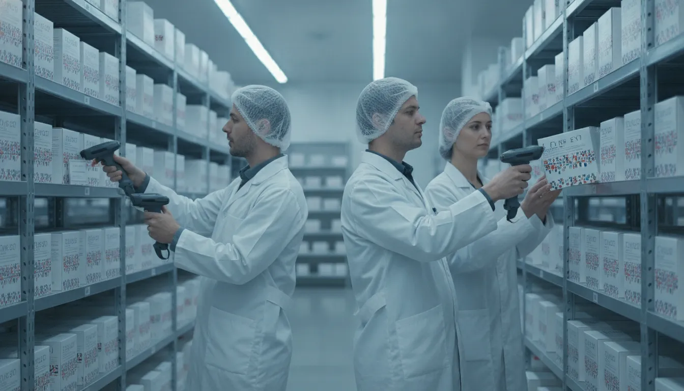 Pharmaceutical warehouse team scanning serialized medication boxes in a modern distribution facility