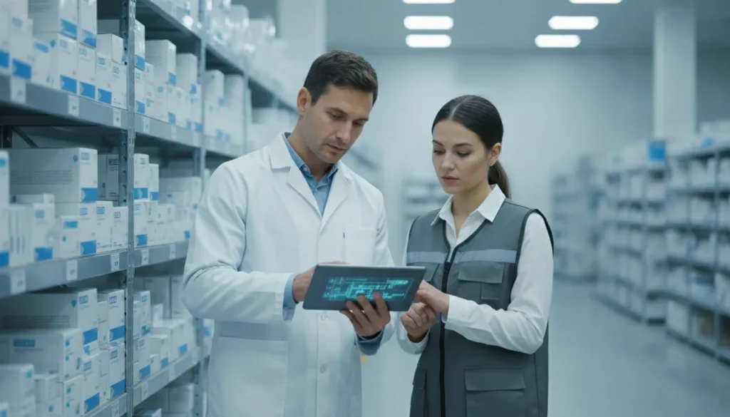 Pharmaceutical warehouse supervisor reviewing an ERP workflow in a distribution center