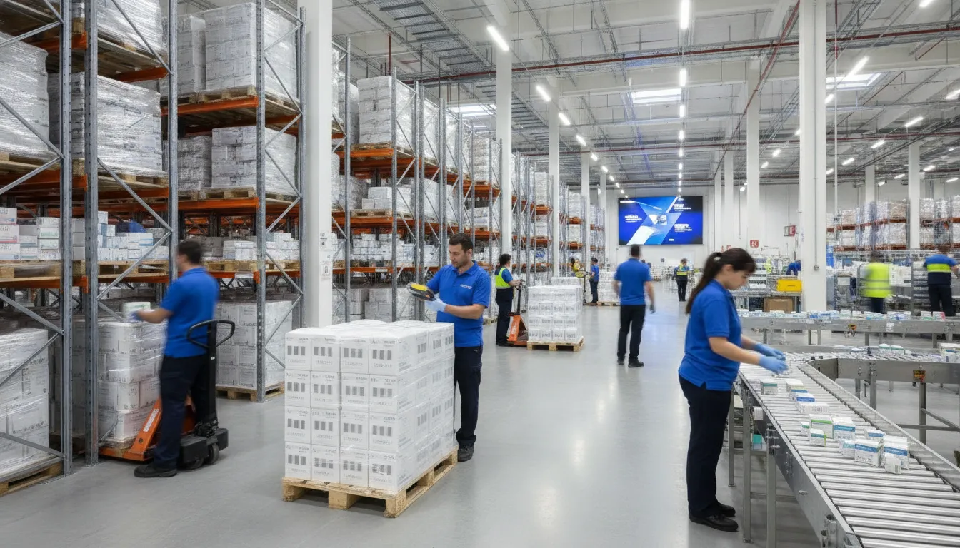 Pharmaceutical wholesale warehouse staff managing serialized medicine crates and scanning products in a clean logistics environment