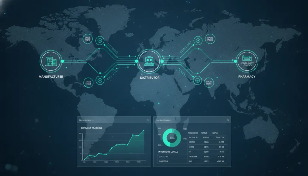 Digital illustration of pharmaceutical supply chain data flow showing EPCIS event nodes connecting manufacturers, distributors, and pharmacies